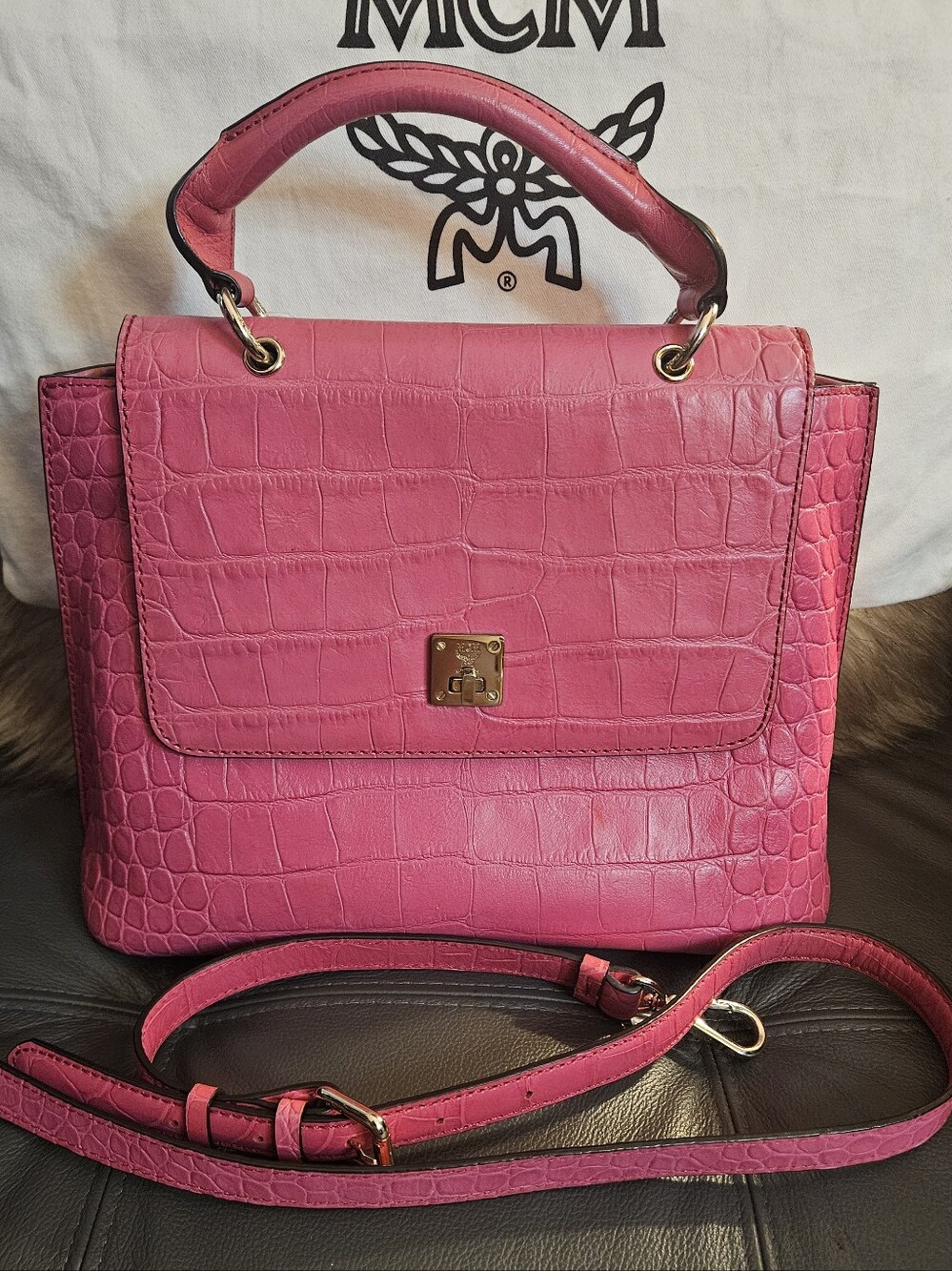 MCM Pink Croc-Embossed Structured Top-Handle Crossbody